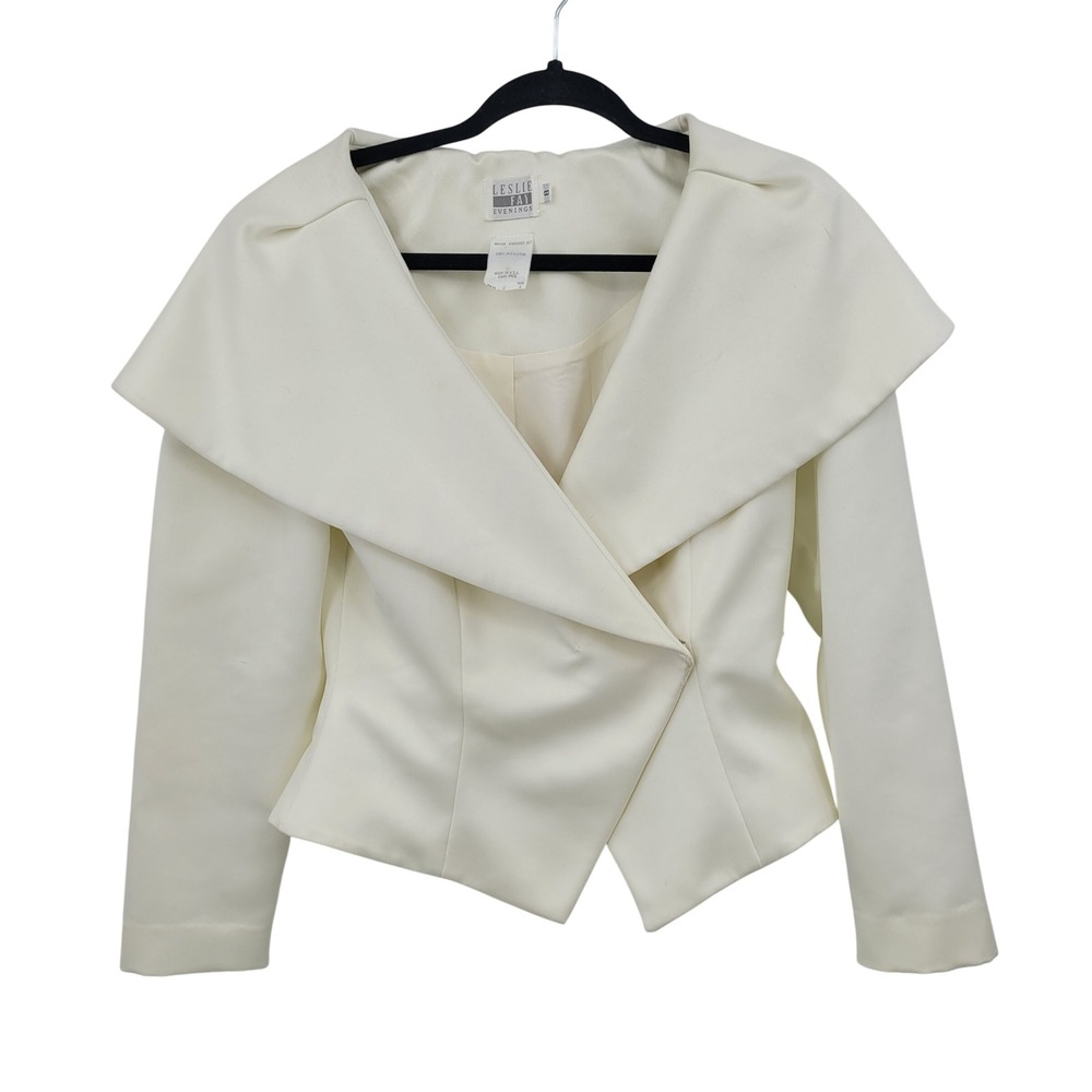 Vtg Leslie Fay Evenings Formal Bridal Cream Portrait Collar Peplum Jacket Sz 8